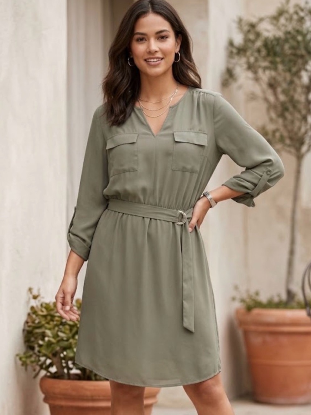 Mossimo Long-sleeved Shirt Dress with Belt, Olive Green , Size L